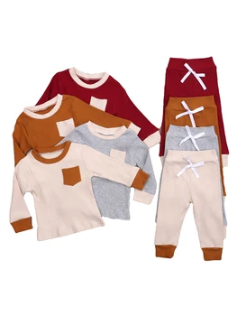Новая детская весенняя одежда с длинными рукавами и брюками простого цвета с классическим круглым вырезом и застежкой в рубчик