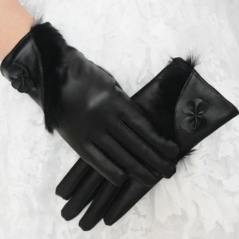 Зимние перчатки из искусственной кожи для женщин, утепленные плюшевые теплые варежки, простые однотонные перчатки с сенсорным экраном для телефона на весь палец