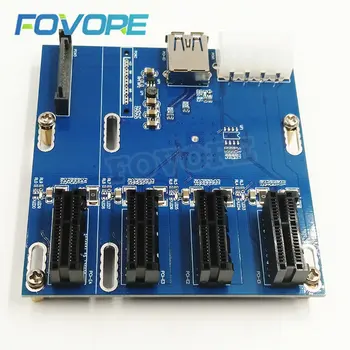 Адаптер PCI-E для PCIe Riser Card Adapter 4-портовая Карта расширения PCI-Express с 1X слотом с Блоком питания SATA 15pin и 4pin + Кабель USB 3.0