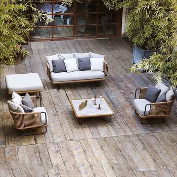 Садовый диван для отдыха, балкон во внутреннем дворе, Плетеный из ротанга Стол и стул, комбинация уличной мебели