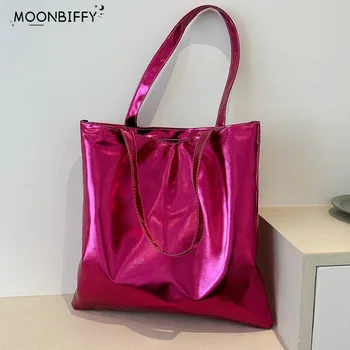 Новая шикарная Большая сумка, Женская сумка для покупок, простые сумки-тоутеры из искусственной кожи, Блестящая Повседневная женская сумочка, клатч для девочек, праздничная сумочка