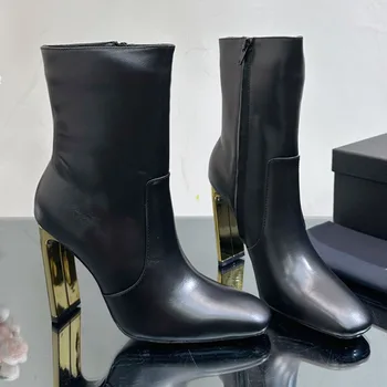 Новинка 2023 года, демисезонные ботильоны в лаконичном стиле, женская обувь с квадратным носком из натуральной кожи, однотонный модный элегантный декор на молнии