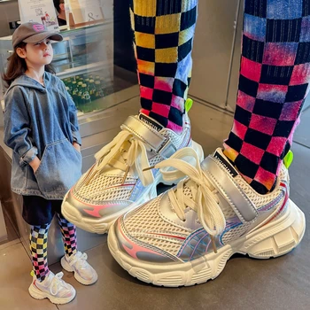 Детская повседневная обувь, дышащий сетчатый верх, Эластичный ремешок на шнуровке, платформа, цветной блок, противоскользящие Спортивные кроссовки для бега, детские кроссовки