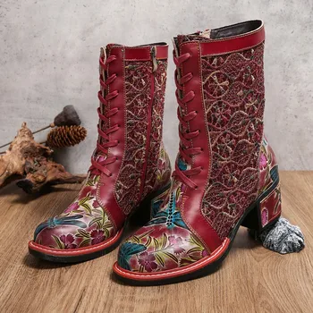 Johnature Винтажные вышитые кружева, длинные сапоги на среднем каблуке, новинка зимы 2023, женская обувь из натуральной кожи с изысканным принтом.