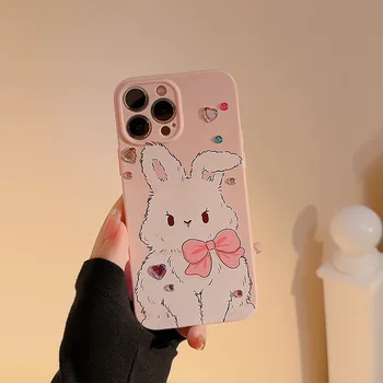 Стереофонический чехол для телефона Cute pink rabbit diamond для iPhone 14 13 12 11 Pro Max Plus с ударопрочной силиконовой мягкой задней оболочкой