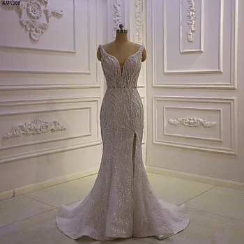 AM1388 Роскошное кружевное платье с блестками, V-образный вырез, бретельки-спагетти, свадебное платье-русалка с разрезом