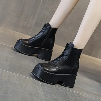 Женская обувь высотой 11 см, ботинки из натуральной кожи на платформе, танкетке, скрытом каблуке, молнии, весна-осень, кроссовки на массивном каблуке