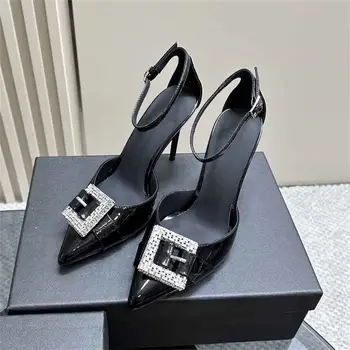 Летние босоножки, модная женская обувь с острым носком, пикантные туфли на высоком каблуке, лаконичный ремешок с пряжкой, Женская обувь из натуральной кожи, Размер 35-40
