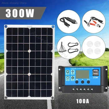 Комплект солнечных панелей мощностью 300 Вт с контроллером 100A, зарядное устройство 12V, двойная солнечная плата USB IP65, водонепроницаемая для телефона, фургона, автомобиля, лодки, улицы
