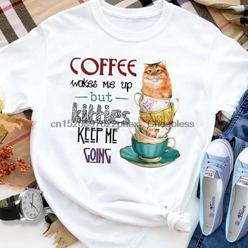Cat & Cup Tea Кофе Будит меня, Но Кошечки Помогают мне Двигаться Белая Хлопчатобумажная Футболка Для Мужчин и Женщин S-6XL