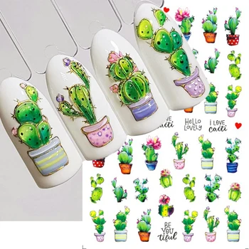 Наклейки Для Дизайна Ногтей С Кактусом, Зеленые Мясистые Растения, Дизайн Самоклеящихся Слайдеров, 3D Милые Животные, Наклейка На Ногти, Аксессуары