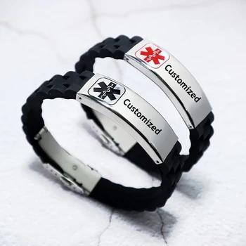 Сделай сам медицинский браслет оповещения для мужчин Силиконовый браслет с пользовательской гравировкой, аварийный браслет SOS, украшения в спортивном стиле.