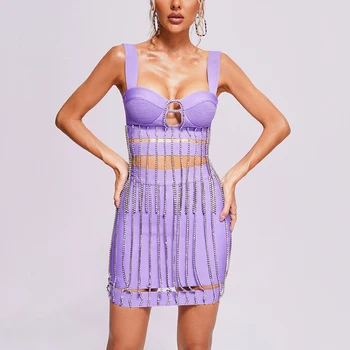 Фиолетовый Сексуальный женский комплект бандажного платья, укороченный топ с бриллиантовой цепочкой, квадратным воротником и мини-юбки, комплекты из двух предметов, модные наряды BA365