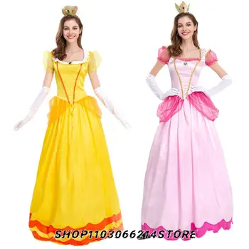 2023 Новый карнавальный костюм принцессы Пич Для взрослых женщин, Желтое платье, розовые юбки, карнавальный костюм на Хэллоуин для девочек