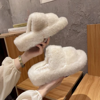 Корейские двухполосные меховые горки, женские теплые пушистые туфли на платформе, зимние тапочки из овечьей шерсти на толстой подошве, женские дубленки pantufa