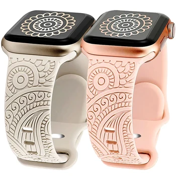 Силиконовый Ремешок с Цветочной Гравировкой для Apple Watch 3849 мм с Буквенными Подвесками Декоративное Кольцо-Петля для iWatch Серии Ultra 8 7 6 5 4 Ремешок