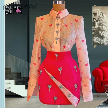 Коктейльное платье от Кутюр из двух частей с принтом в виде сердца, Расшитое бисером, Розовые Короткие платья для выпускного вечера с длинными рукавами 2022 Vestidos De Cocktail