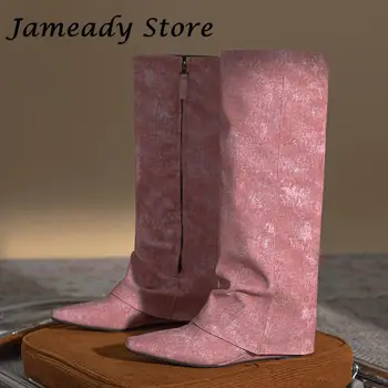 Розовые Женские Рыцарские сапоги, Модные ботинки на толстом каблуке, танкетке, с острым носком, осень-зима, современные ботинки, Модные женские туфли до колена на плоском каблуке