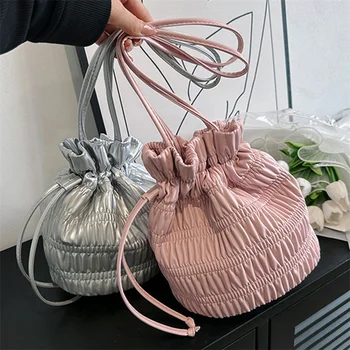 Женская сумка подмышками в форме ведра, мягкие и милые сумки через плечо, плиссированные сумки Y2k из искусственной кожи с завязками для девочек, кошельки