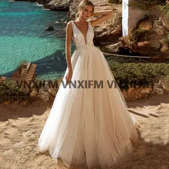 2022 Кружевное свадебное платье в стиле бохо с V-образным вырезом и аппликациями, пляжное свадебное платье из тюля трапециевидной формы на бретелях с открытой спиной Vestido De Novia