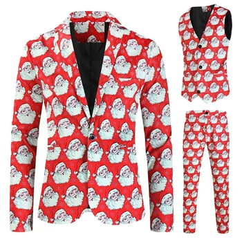 Рождественский костюм Xingqing для мужчин, однобортный пиджак с длинным рукавом с мультяшным принтом, жилет, брюки, одежда из 3 предметов, наряды для вечеринок