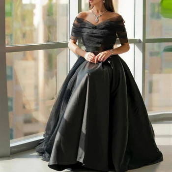 Элегантное черное платье трапециевидной формы с вырезом лодочкой, атласные платья для выпускного вечера, тюлевое женское вечернее платье в пол