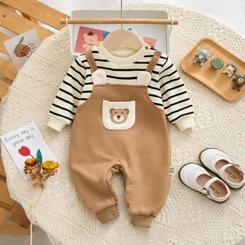 Детская осенне-зимняя бархатная одежда для новорожденных, полосатый комбинезон с медведем, 2023