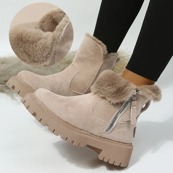 Зимние ботинки из толстого плюша, женские нескользящие зимние ботинки из искусственной замши, женская обувь с хлопковой подкладкой, ботильоны на платформе, 2023 г.