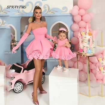 НАПЫЛЕНИЕ детской розовой одежды для мамы и дочки, короткое мини-платье для выпускного вечера без бретелек с перчатками, платья для официальных мероприятий с 3D-цветами