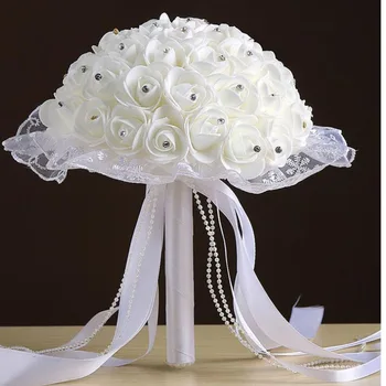 Букет из бисера из свадебной ленты для новобрачных, искусственный цветок из пенопласта, букет из белых роз