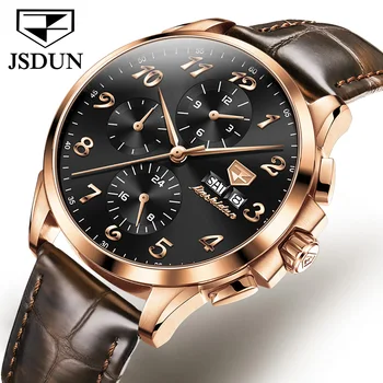 Мужские механические часы JSDUN с сапфировым зеркалом 42 мм, автоматические наручные часы для мужчин, 50-метровый водонепроницаемый ремешок из натуральной кожи 8914