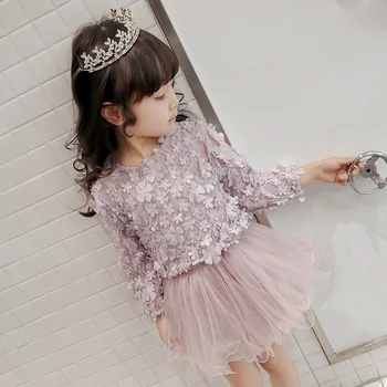 Младенческие дети, платье принцессы с длинными рукавами и объемными 3D цветами для маленьких девочек, однотонное шифоновое сетчатое кружевное бальное платье, вечерние платья