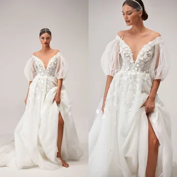 Сетчатые свадебные платья с глубоким V-образным вырезом, женские полурукавики, винтажное платье Макси с цветочными аппликациями, вечернее платье Novia