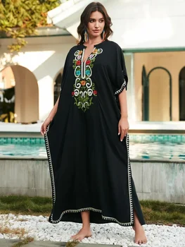 EDOLYNSA Вертикальный воротник красочные цветы вышивка Богемный черный женский Кафтан длинное платье праздничный кафтан домашнее платье Q1626