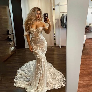 Свадебное платье-русалка с 3D кружевной аппликацией цвета шампанского, вырезом с открытыми плечами и поясом на талии, свадебное платье