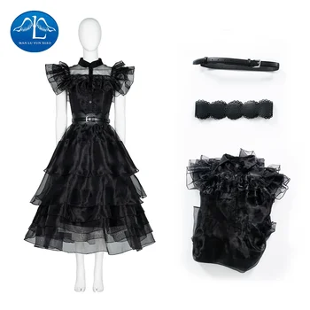 Wednesday Addams Family Girls Косплей Костюм Аддамс, черное платье с принтом, Винтажные готические костюмы, наряды для косплея на Хэллоуин, Танцевальный костюм D