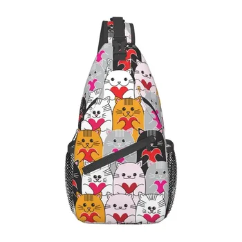 Повседневный рюкзак-слинг Cats Love Hearts, мужская сумка через плечо с мультяшным котенком, нагрудная сумка для путешествий