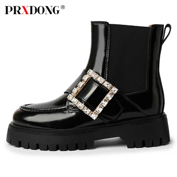 PRXDONG/ Женские черные туфли из натуральной кожи на среднем квадратном каблуке, ботильоны, осенне-зимнее теплое платье, повседневные ботинки Челси, Размер 39