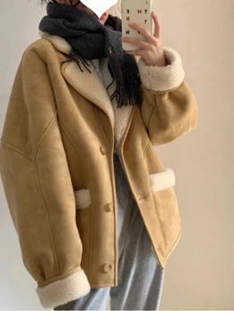 Женская куртка Модная зимняя парка из толстого искусственного меха, теплая замшевая куртка, искусственная кожа, имитация овечьего пуха, верхняя одежда, женская одежда