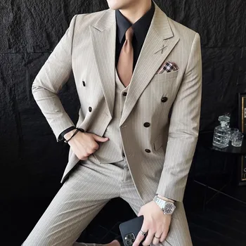 Модный Новый мужской бутик 2023, деловой приталенный свадебный полосатый двубортный костюм, блейзеры, куртка, брюки, жилет, комплект из 3 предметов
