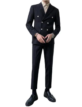Мужской костюм в полоску, двубортный пиджак на пуговицах, брюки с козырьком и лацканами, деловые смокинги для жениха на каждый день, смокинги для выпускного вечера