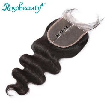 Rosabeauty Кружевная застежка Peruvian Virgin Body Wave 5X5 Прозрачных человеческих волос с обесцвеченными узлами, Средняя Свободная часть, Верхняя застежка