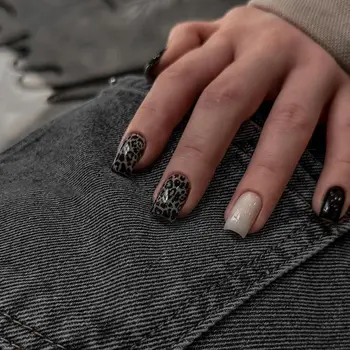 Длинные Квадратные Накладные Ногти New French Aurora Press on Nails Leopard Полное Покрытие Типсов для ногтей DIY