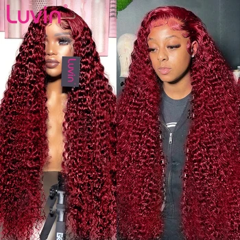 Luvin 99J Бордовый Прозрачный парик на кружеве с глубокой волной 13x4, Бразильский Реми, 30-32-дюймовые вьющиеся парики на кружеве красного цвета для женщин