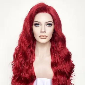 Рыжие волосы Объемная волна Прозрачная Повседневная одежда Синтетические парики из волос для чернокожих женщин Бесклеевые 180-плотные Длинные парики на кружеве 13x4 спереди