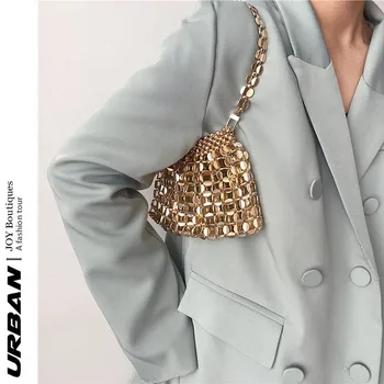 Золотые блестящие сумки Женская сумочка, плетеная вручную, расшитая бисером сумка для мобильного телефона, банкетная косметичка на одно плечо