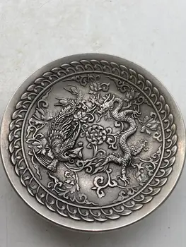 9,5 см Китай Белый медь латунь Дракон и Феникс диск блюдо фэншуй металлические ремесла украшения семьи