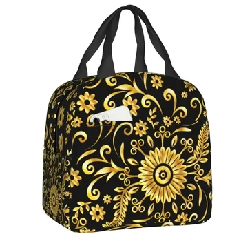 Золотистая цветочная бесшовная изолированная сумка для ланча для женщин Герметичный Европейский барочный кулер Термальная сумка для ланча Офисная Работа Школа
