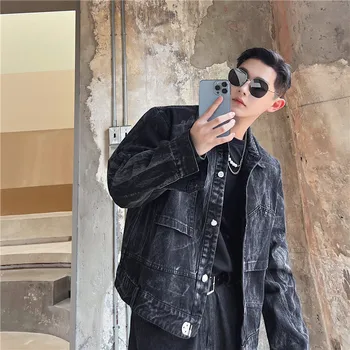 2022 Осень Корейский стиль, индивидуальность, матовые джинсовые куртки для стирки, мужские повседневные свободные черные джинсовые куртки с коротким рукавом, M-XL