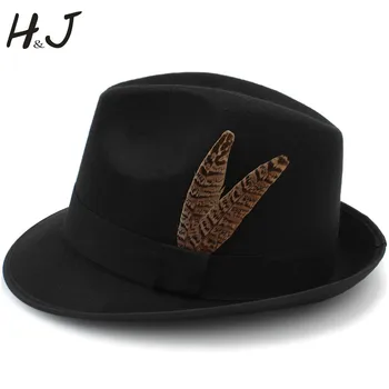 Женские мужские шерстяные винтажные фетровые фетровые шляпы с модным пером, Джентльменские Элегантные женские Зимние осенние джазовые кепки